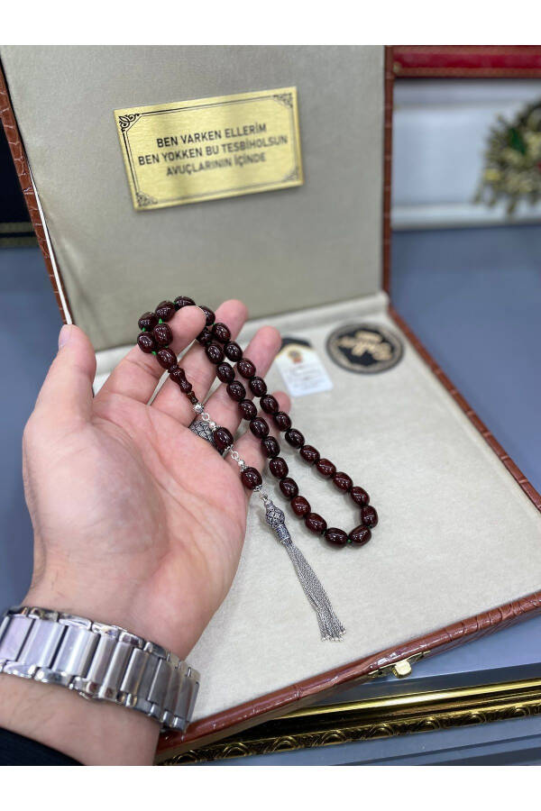 Personalized amber prayer beads with a silver tassel, presented in a gift box. - 2