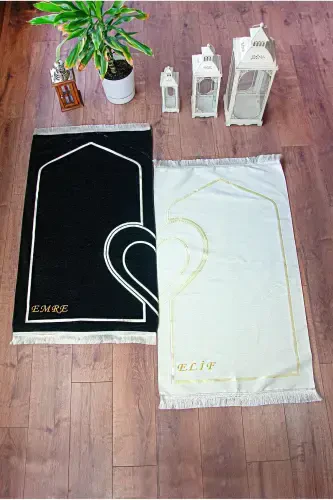 Personalized Couple's Shaggy Heart Chenille Bath Rug Set in Black Cream - IHVAN ONLINE (1)