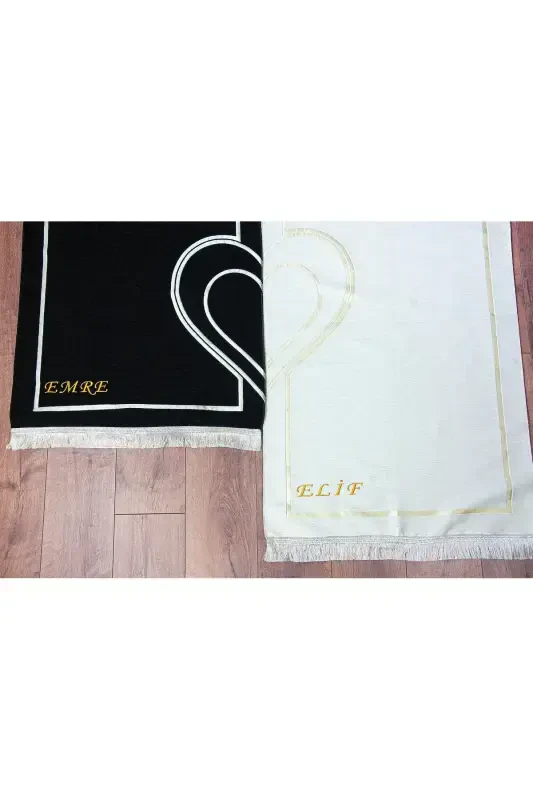 Personalized Couple's Shaggy Heart Chenille Bath Rug Set in Black Cream - 3