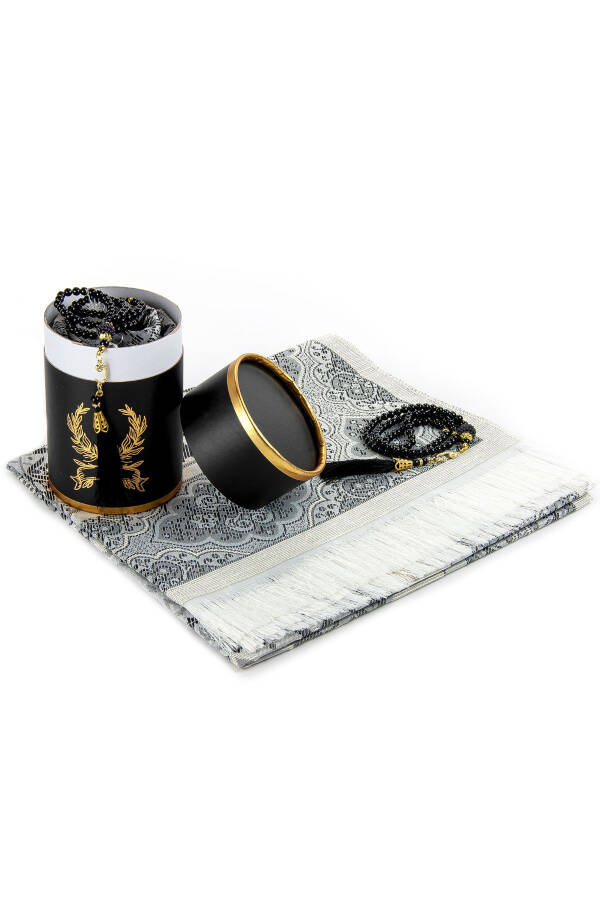 Personalized Cylindrical Boxed Set with Prayer Mat and Pearl Tasbih for My Dear Mother - Black Color - 1