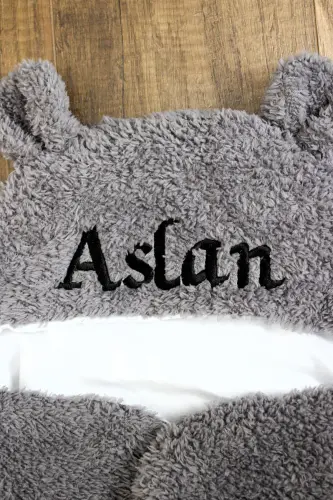Personalized Embroidered Baby Outer Swaddle Grey Sleeping Bag Curly Wellsoft Plush Bear with Ears-Grey - 11