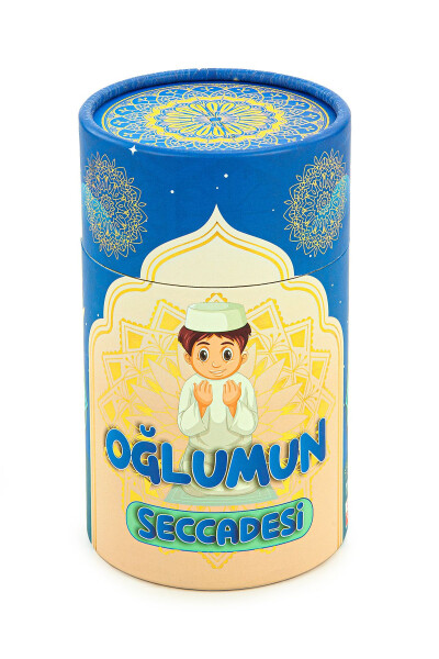 Personalized Embroidered Kids Prayer Rug Set with Cylindrical Box and Rosary in Blue - IHVAN ONLINE (1)
