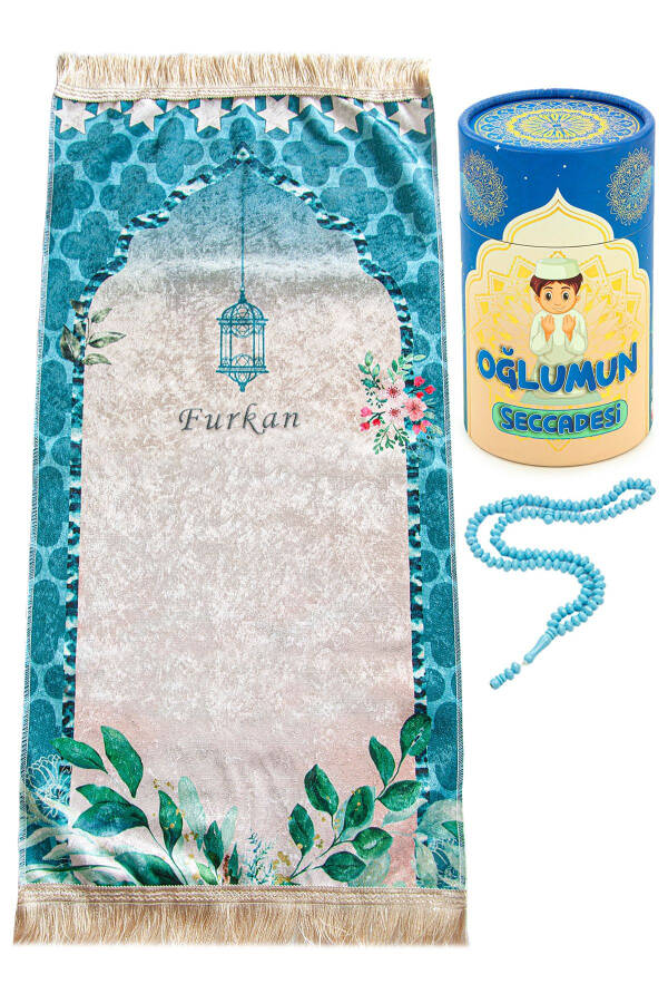 Personalized Embroidered Kids Prayer Rug Set with Cylindrical Box and Rosary in Blue - 1