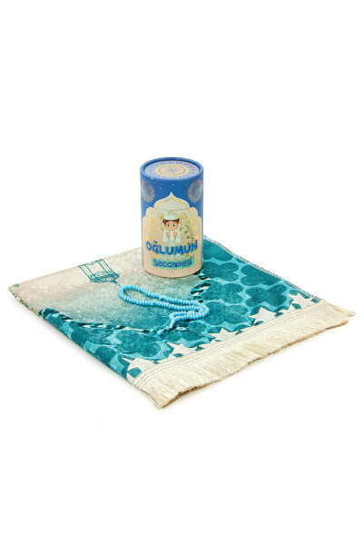 Personalized Embroidered Kids Prayer Rug Set with Cylindrical Box and Rosary in Blue - 4