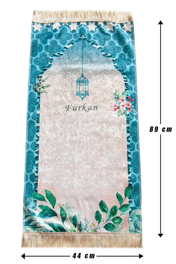 Personalized Embroidered Kids Prayer Rug Set with Cylindrical Box and Rosary in Blue - 7