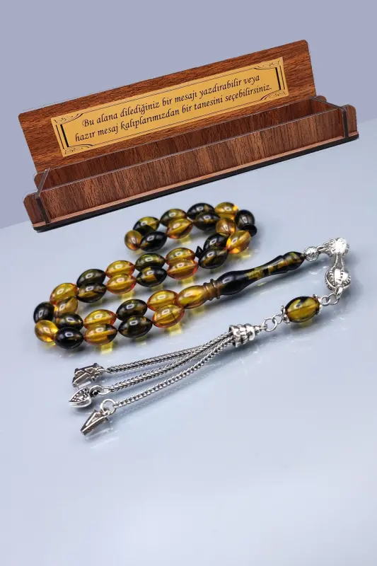 Personalized Fire Amber Rosary with Message for Lover - Custom Name 6x11 Mm Yellow Black Rosary - Wooden Boxed-Yellow Black - 1
