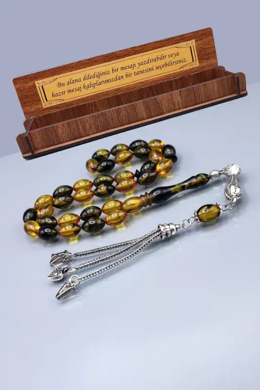 Personalized Fire Amber Rosary with Message for Lover - Custom Name 6x11 Mm Yellow Black Rosary - Wooden Boxed-Yellow Black - VIP KEHRIBAR