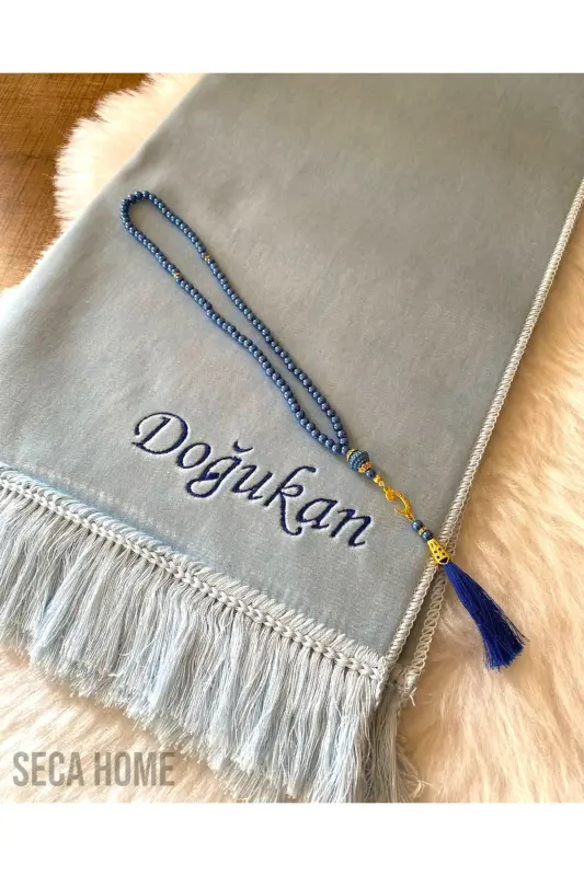 Personalized Luxury Velvet Prayer Rug, Plain Velour Prayer Rug with Name Embroidery, Dowry Prayer Rug - Baby Blue - 1