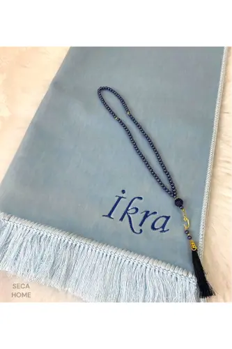 Personalized Luxury Velvet Prayer Rug, Plain Velour Prayer Rug with Name Embroidery, Dowry Prayer Rug - Baby Blue - 2