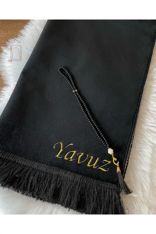 Personalized Luxury Velvet Prayer Rug with Name, Plain Velour Prayer Rug with Name Embroidery, Dowry Gift Prayer Rug - Black - 3