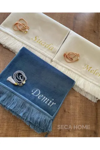 Personalized Luxury Velvet Prayer Rug with Name, Plain Velour Prayer Rug with Name Embroidery, Dowry Gift Prayer Rug - Navy Blue - 3