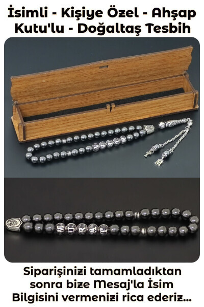 Personalized name beaded bracelet with hematite stone, letter tassel. Wooden box, natural stone beaded bracelet. - TESBIH SAKARYA