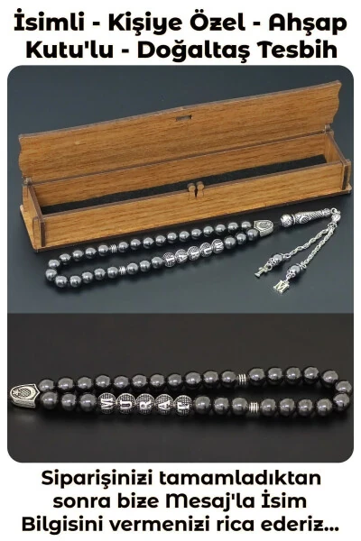 Personalized name beaded bracelet with hematite stone, letter tassel. Wooden box, natural stone beaded bracelet. - TESBIH SAKARYA