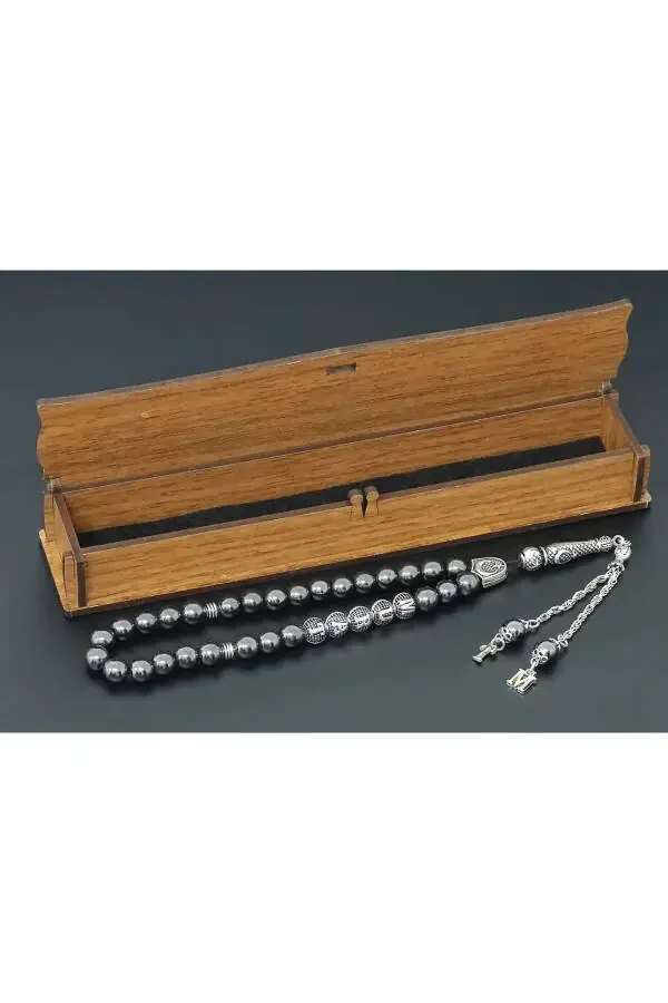 Personalized name beaded bracelet with hematite stone, letter tassel. Wooden box, natural stone beaded bracelet. - 5