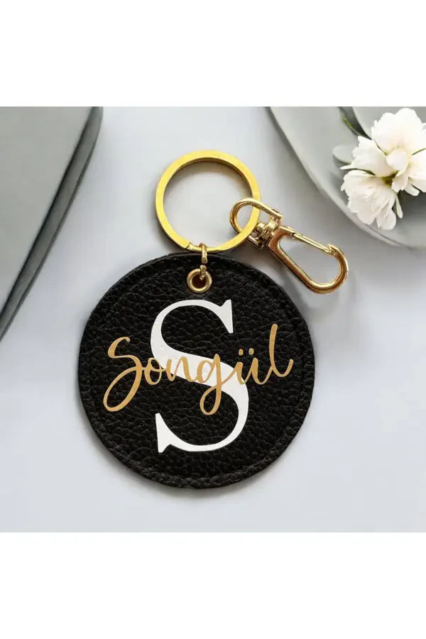 Personalized Name Genuine Leather Black Keychain - 6