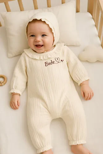 Personalized Newborn Baby Girl Organic Muslin Frilled Baby Neck Romper Hospital Discharge Gift - 1