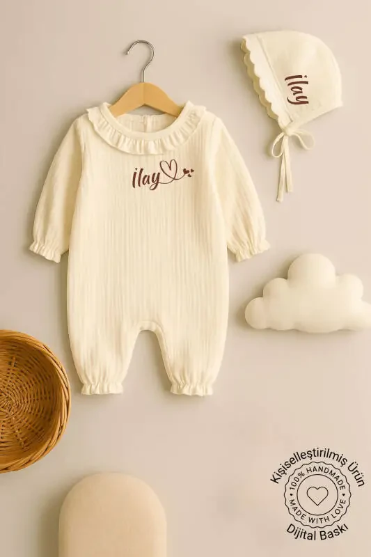 Personalized Newborn Baby Girl Organic Muslin Frilled Baby Neck Romper Hospital Discharge Gift - 2