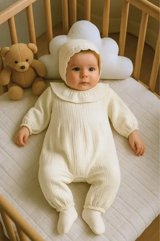 Personalized Newborn Baby Girl Organic Muslin Frilled Baby Neck Romper Hospital Discharge Gift - 3