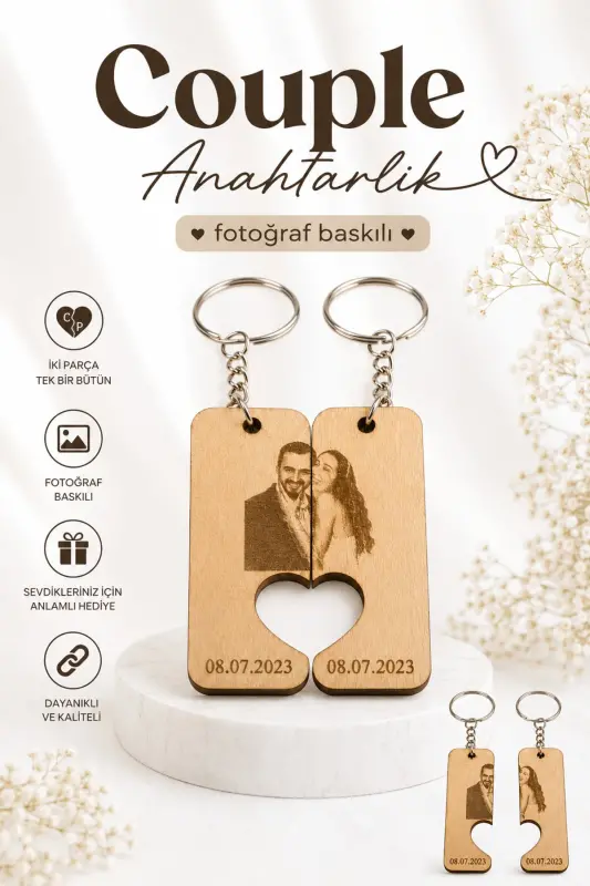Personalized Photo Date Printed Wooden Couple Keychain - Light Brown - 3