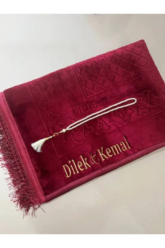 Personalized Prayer Rug Thread Embroidery-Claret Red - GENEL MARKALAR
