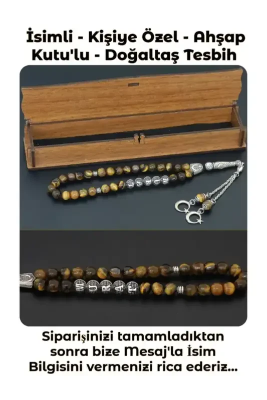 Personalized Rosary with Name - Tiger's Eye Stone - Tassel with Letters - Natural Stone Rosary with Wooden Box - Tiger Eye - TESBIH SAKARYA
