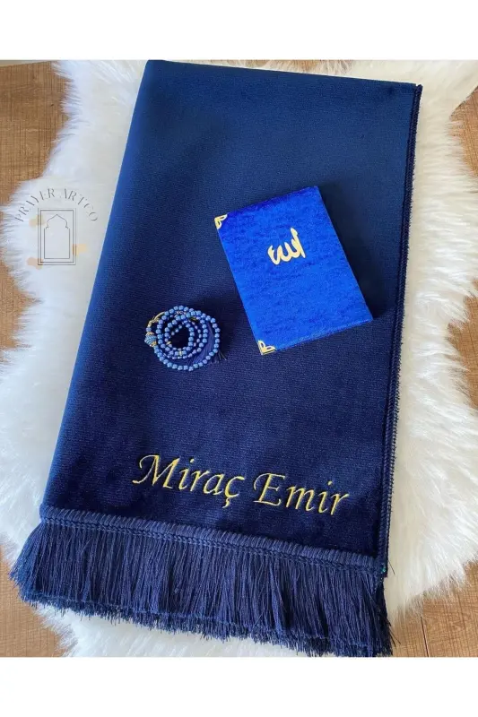Personalized Velvet Prayer Rug with Name, Plain Velour Prayer Rug with Name Embroidery, Dowry Gift Prayer Rug-Navy Blue - 1