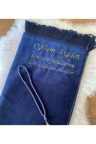 Personalized Velvet Prayer Rug with Name, Plain Velour Prayer Rug with Name Embroidery, Dowry Gift Prayer Rug-Navy Blue - 2