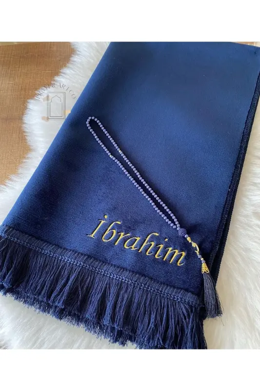 Personalized Velvet Prayer Rug with Name, Plain Velour Prayer Rug with Name Embroidery, Dowry Gift Prayer Rug-Navy Blue - 3