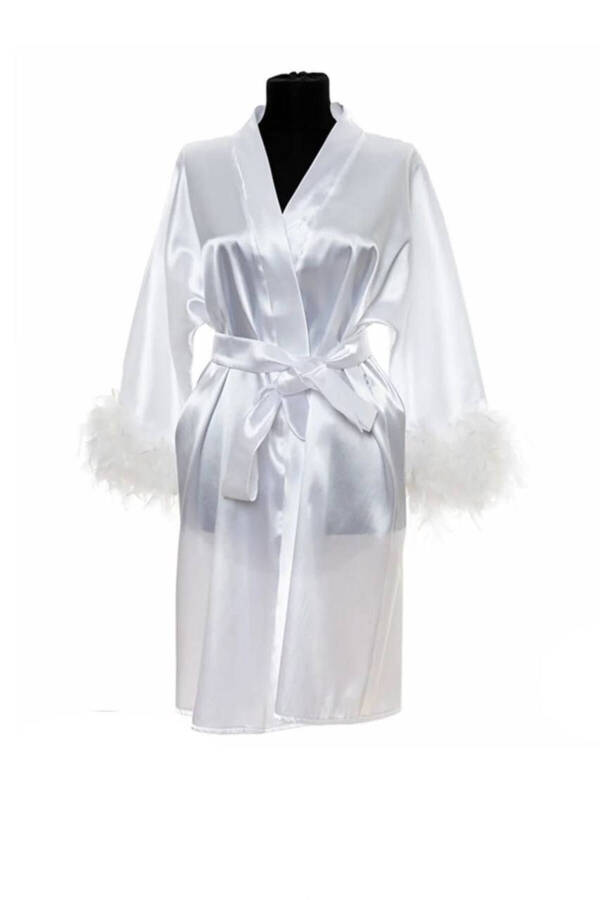 Personalized White Satin Bridal Robe - Feather Sleeves - 1