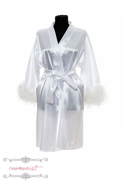 Personalized White Satin Bridal Robe - Feather Sleeves - 3