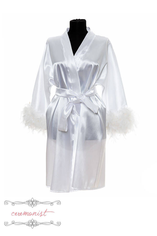 Personalized White Satin Bridal Robe - Feather Sleeves - 3