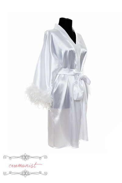 Personalized White Satin Bridal Robe - Feather Sleeves - 4