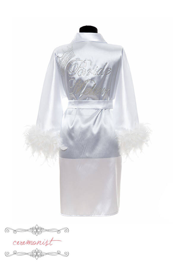 Personalized White Satin Bridal Robe - Feather Sleeves - 5