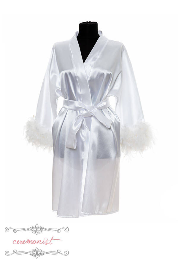 Personalized White Satin Bridal Robe - Feather Trimmed Ceremonist - 6