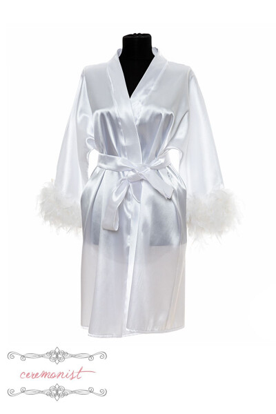 Personalized White Satin Bridal Robe - Feather Trimmed Ceremonist - 2