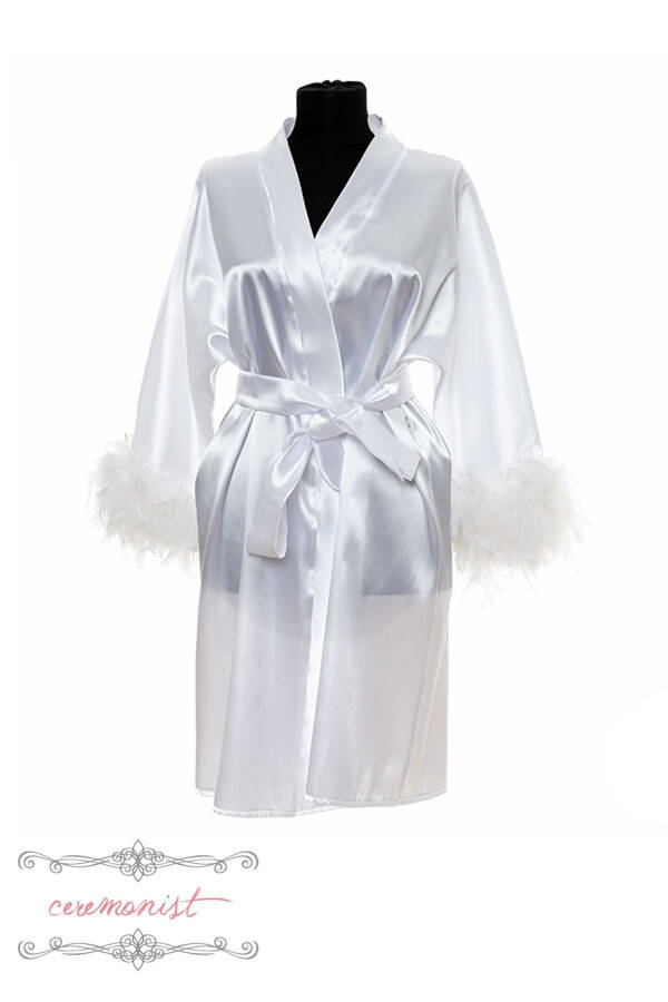 Personalized White Satin Bridal Robe - Feather Trimmed Ceremonist - 2