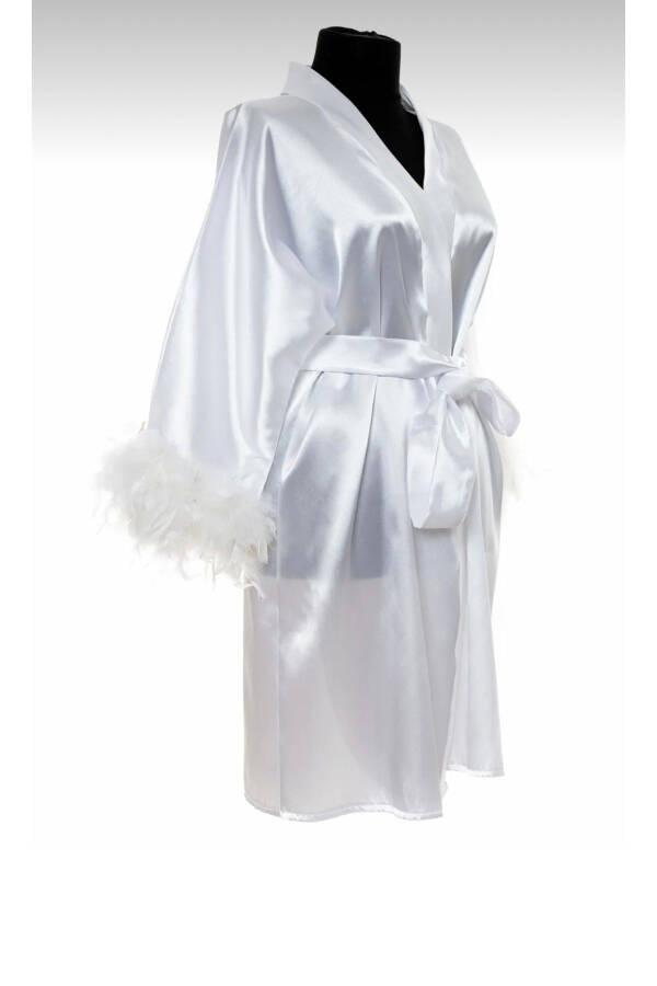 Personalized White Satin Bride Robe - Feather Sleeves - 6