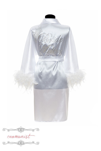 Personalized White Satin Bride Robe - Feather Sleeves - 2