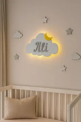 Personalized Wooden Cloud Night Light with Name, LED Lighting, Baby Children's Room Decoration - Baby Blue - 1
