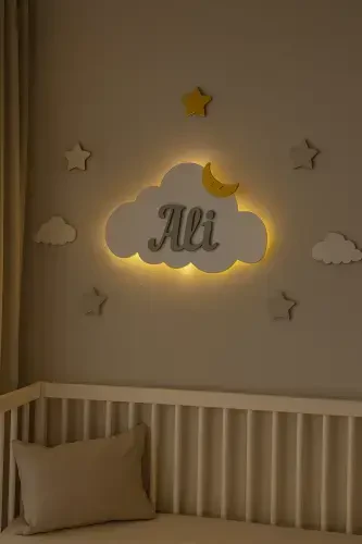 Personalized Wooden Cloud Night Light with Name, LED Lighting, Baby Children's Room Decoration - Baby Blue - ARSERGROUP (1)