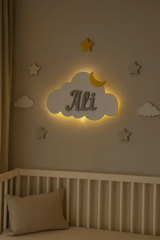 Personalized Wooden Cloud Night Light with Name, LED Lighting, Baby Children's Room Decoration - Baby Blue - 2
