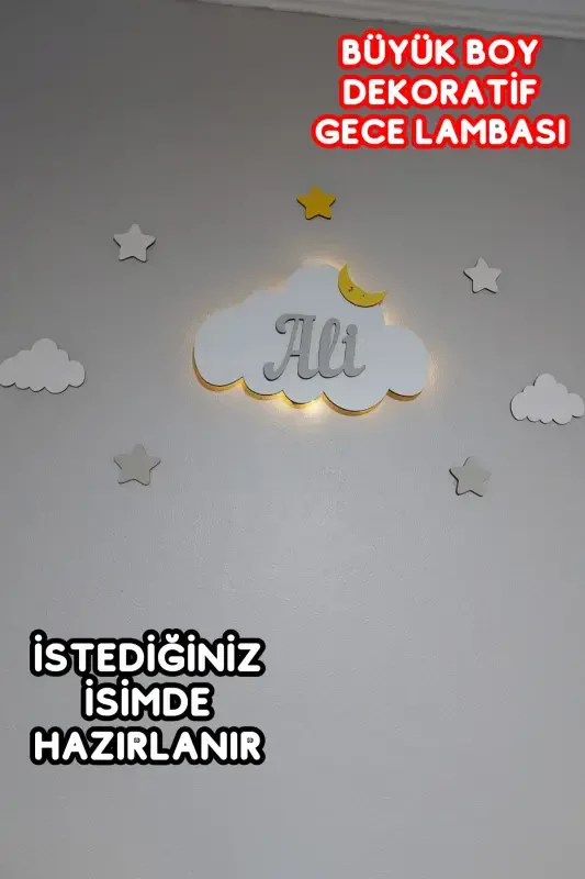 Personalized Wooden Cloud Night Light with Name, LED Lighting, Baby Children's Room Decoration - Baby Blue - 4