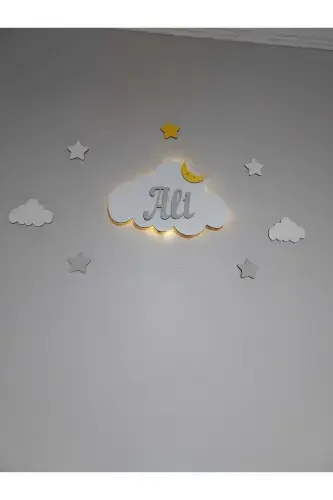 Personalized Wooden Cloud Night Light with Name, LED Lighting, Baby Children's Room Decoration - Baby Blue - 6