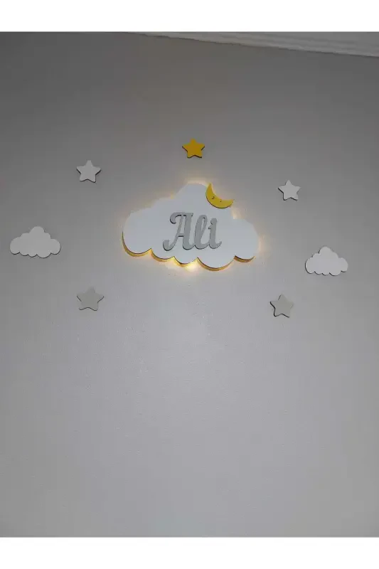Personalized Wooden Cloud Night Light with Name, LED Lighting, Baby Children's Room Decoration - Baby Blue - 6