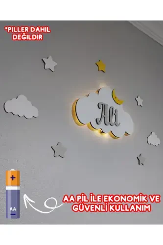 Personalized Wooden Cloud Night Light with Name, LED Lighting, Baby Children's Room Decoration - Baby Blue - 8