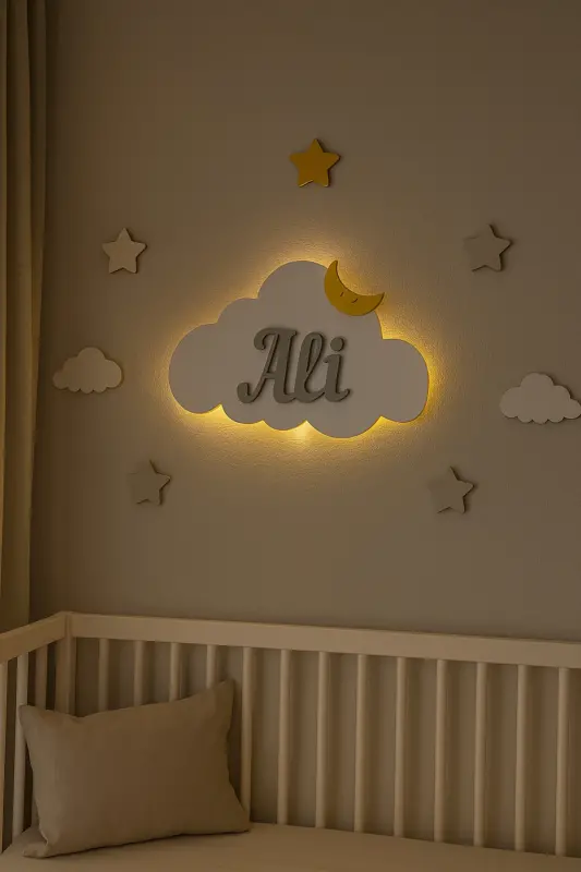 Personalized Wooden Cloud Night Light with Name, LED Lighting, Baby Children's Room Decoration - Baby Blue - 2