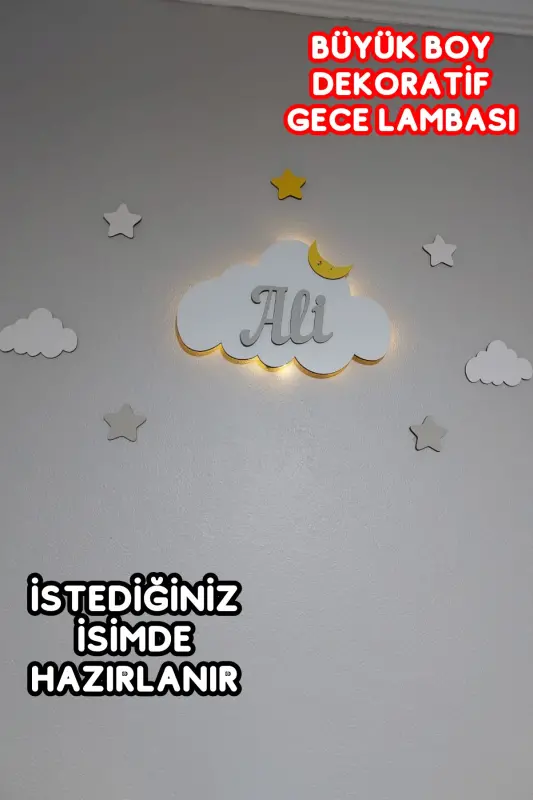 Personalized Wooden Cloud Night Light with Name, LED Lighting, Baby Children's Room Decoration - Baby Blue - 4