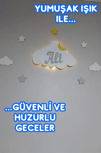 Personalized Wooden Cloud Night Light with Name, LED Lighting, Baby Children's Room Decoration - Baby Blue - 5