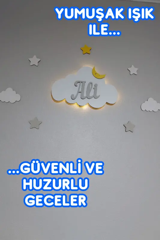 Personalized Wooden Cloud Night Light with Name, LED Lighting, Baby Children's Room Decoration - Baby Blue - 5
