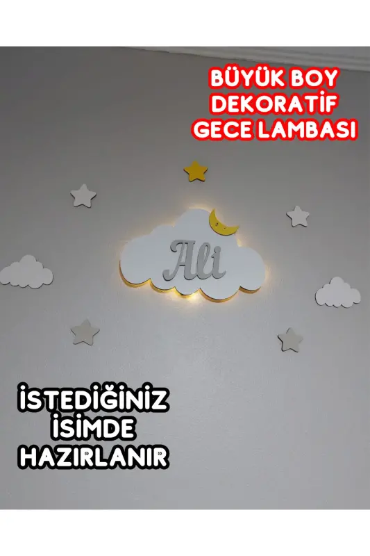 Personalized Wooden Cloud Night Light with Name, LED Lighting, Baby Children's Room Decoration - Baby Blue - 7